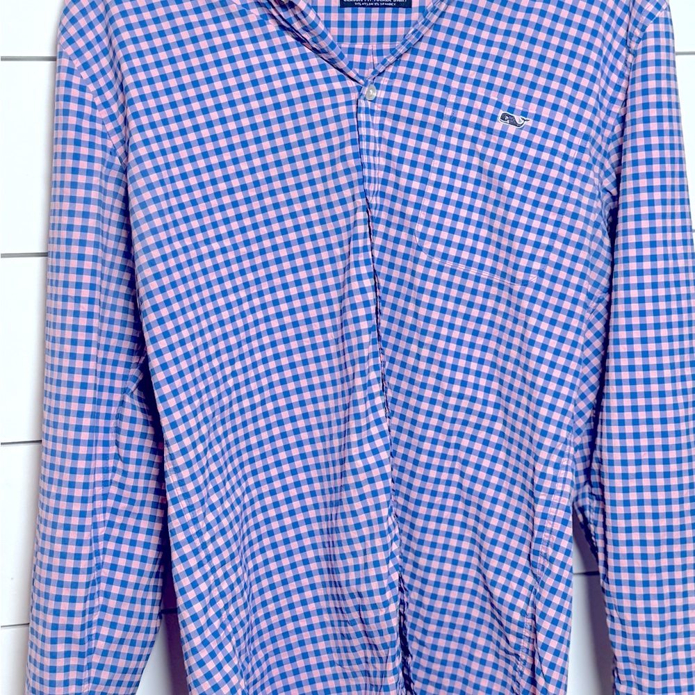 Vineyard Vines Pink & Blue Gingham Performance Tucker Shirt